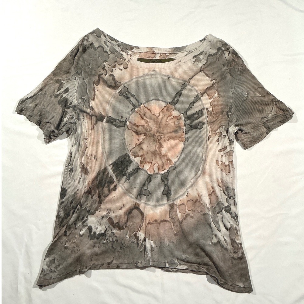 Enza Costa Women Ribbed Tie Dye Graphic Short Sleeve Tee Grey Peach Earthy Tones